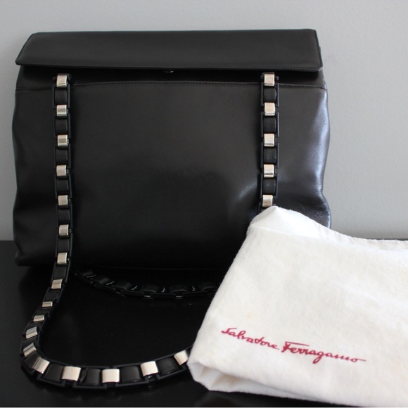 SALE ❤️ - Salvatore Ferragamo Vintage Leather Tote / Shoulder Bag Black w Studs - Picture 1 of 15